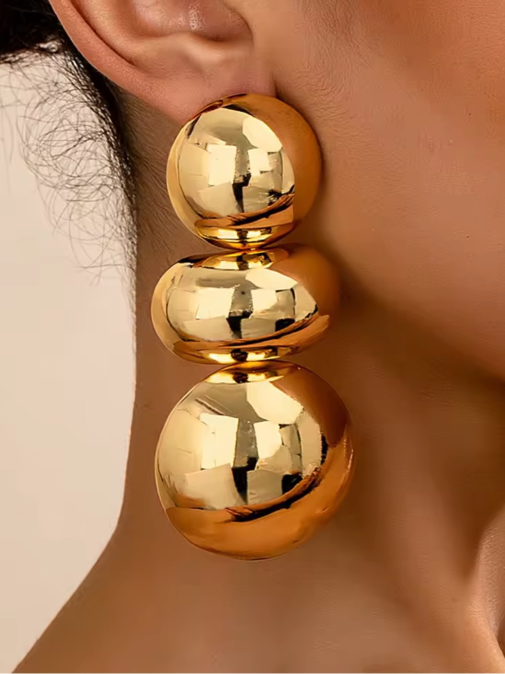Shiny Gold Triple-Ball Drop Earrings